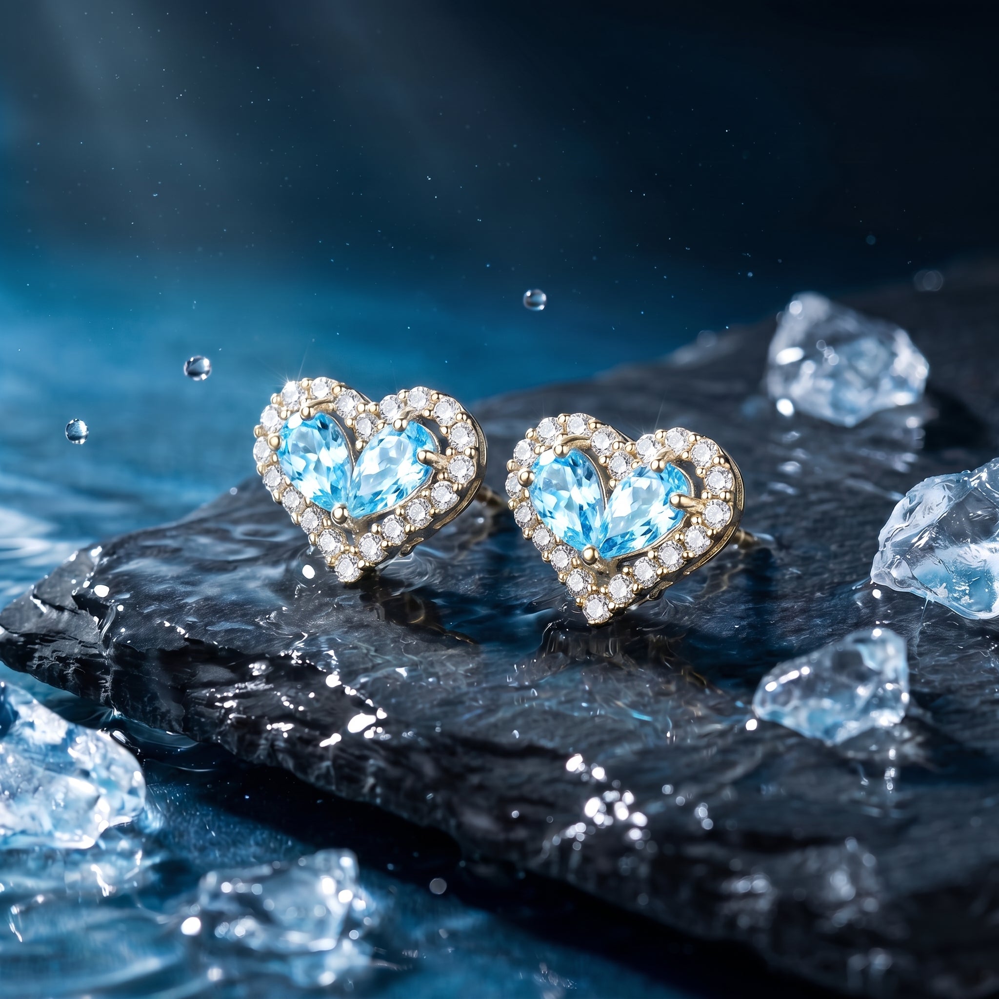 Heart-shaped natural aquamarine halo drop earrings in solid yellow gold.