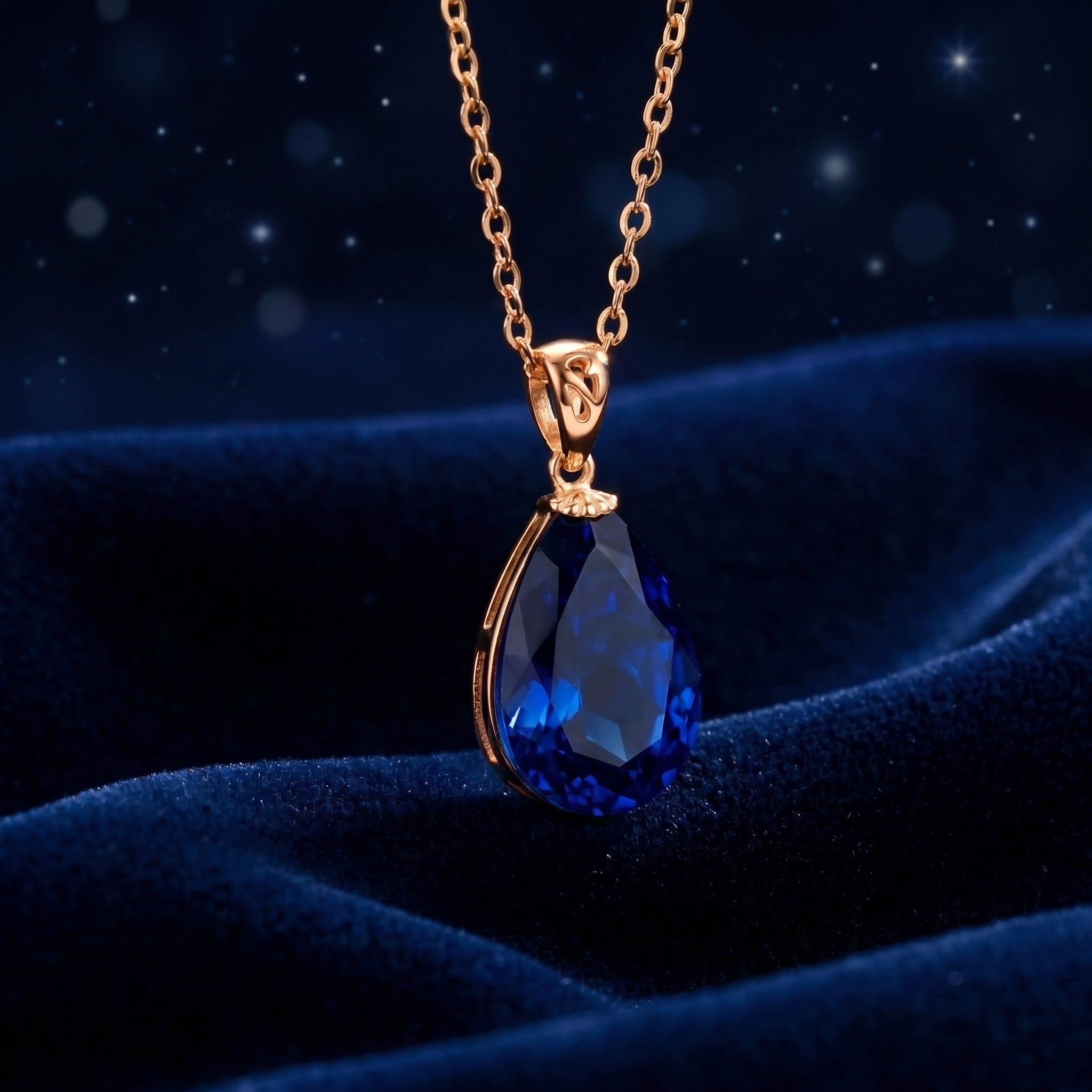Simulated sapphire pendant necklace in solid rose gold.