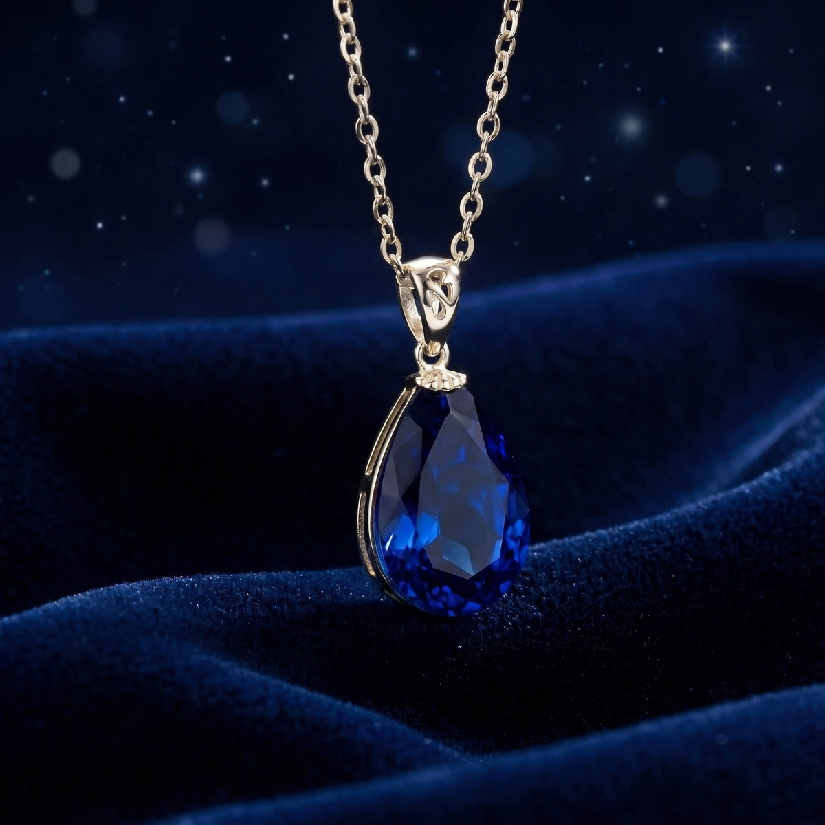 Simulated sapphire pendant necklace in solid white gold.