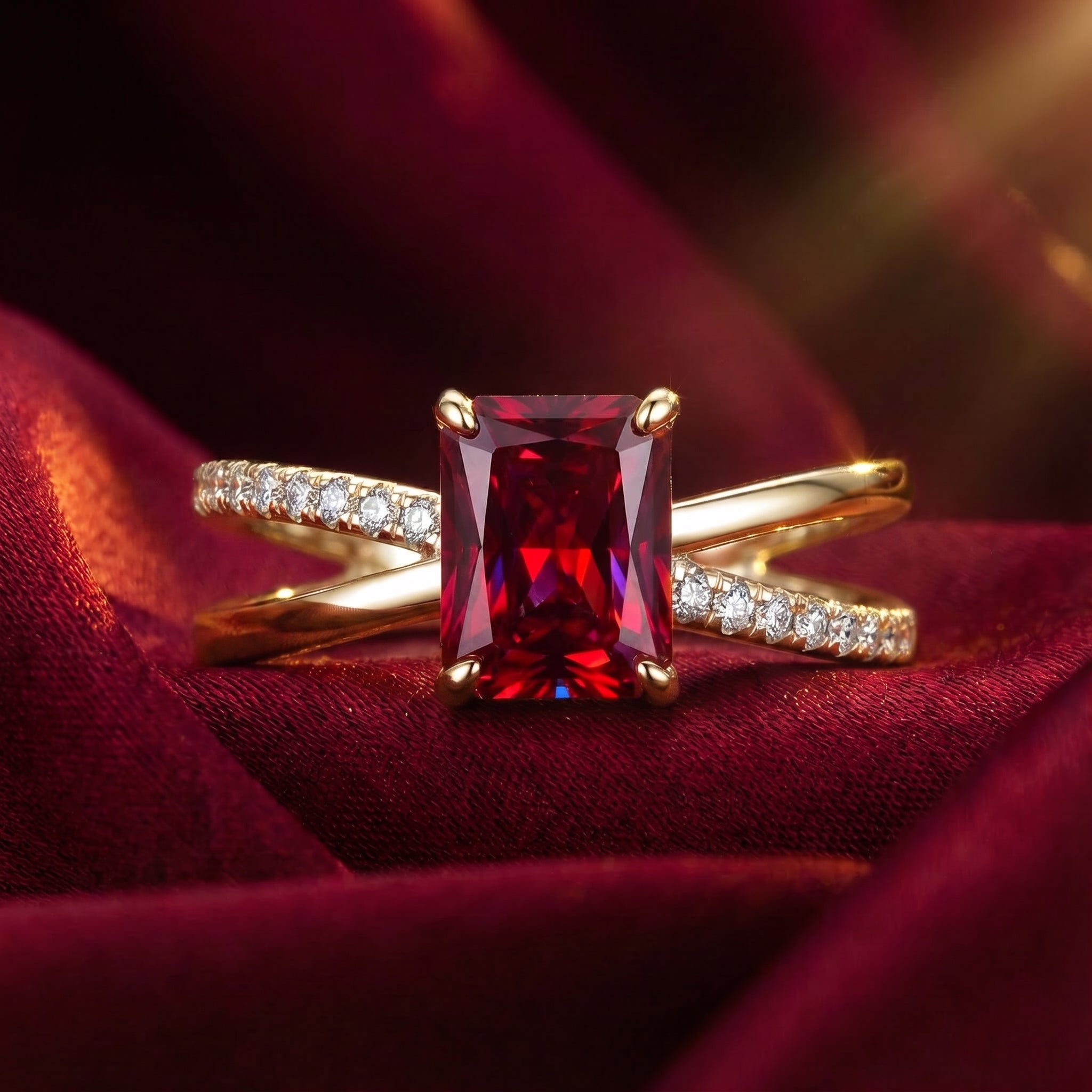 Radiant cut simulated ruby ring in solid yellow gold.