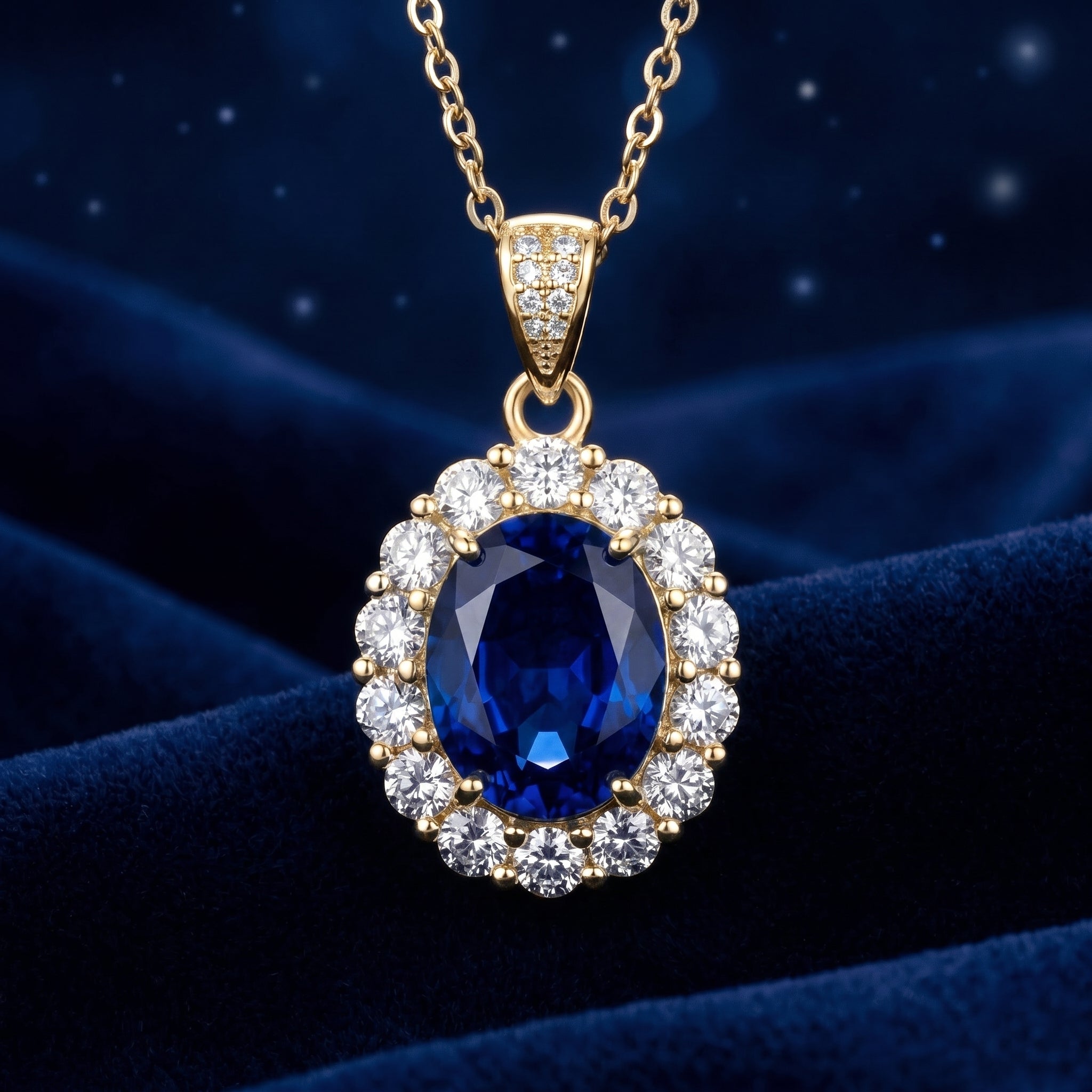 Serenara Halo simulated sapphire necklace in solid yellow gold.