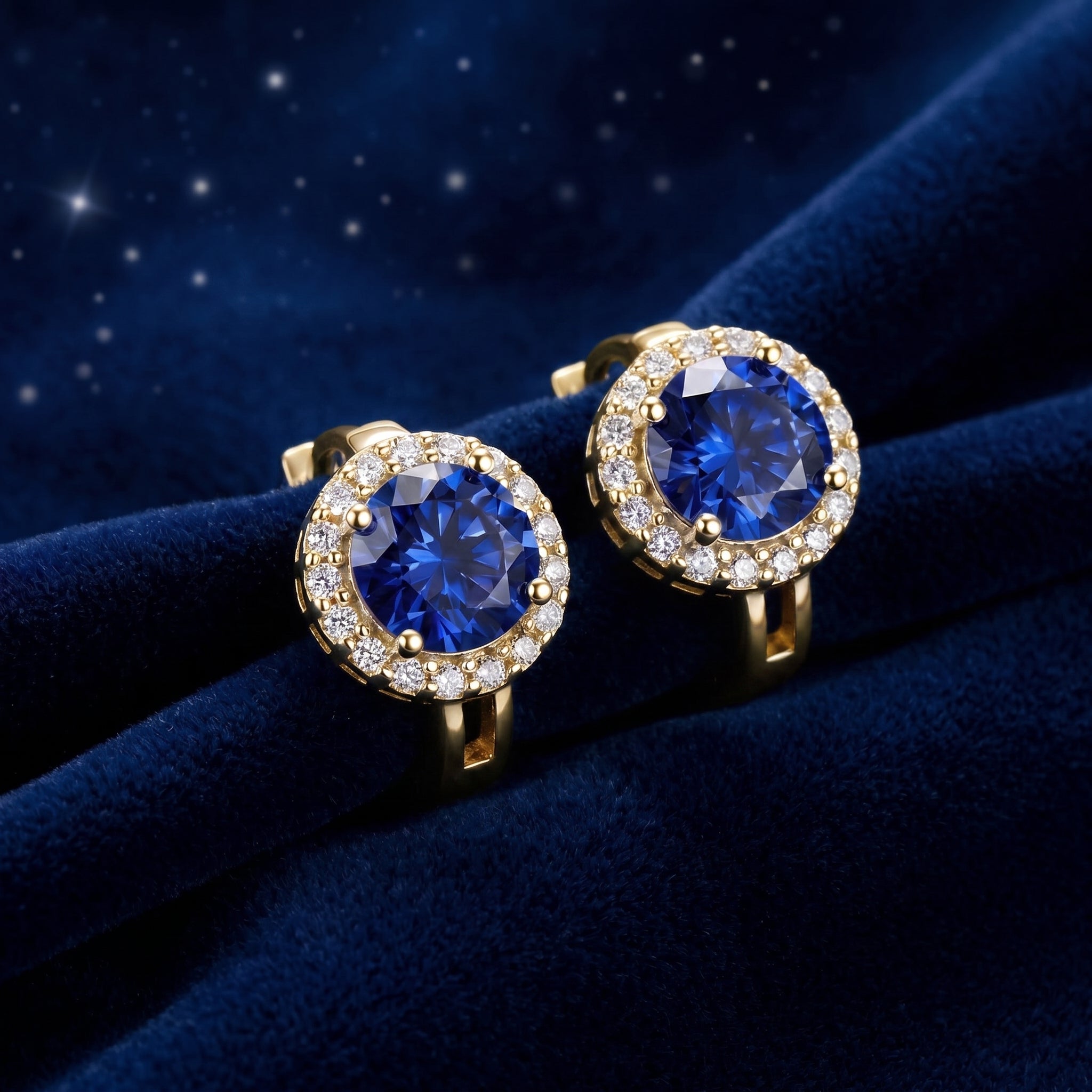 Round blue moissanite halo stud earrings in 14K Solid Yellow Gold.