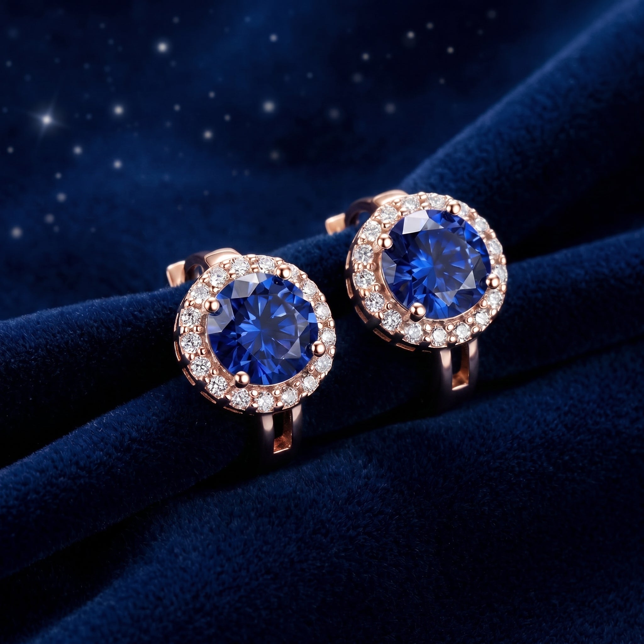 Round blue moissanite halo stud earrings in 14K Solid Rose Gold.