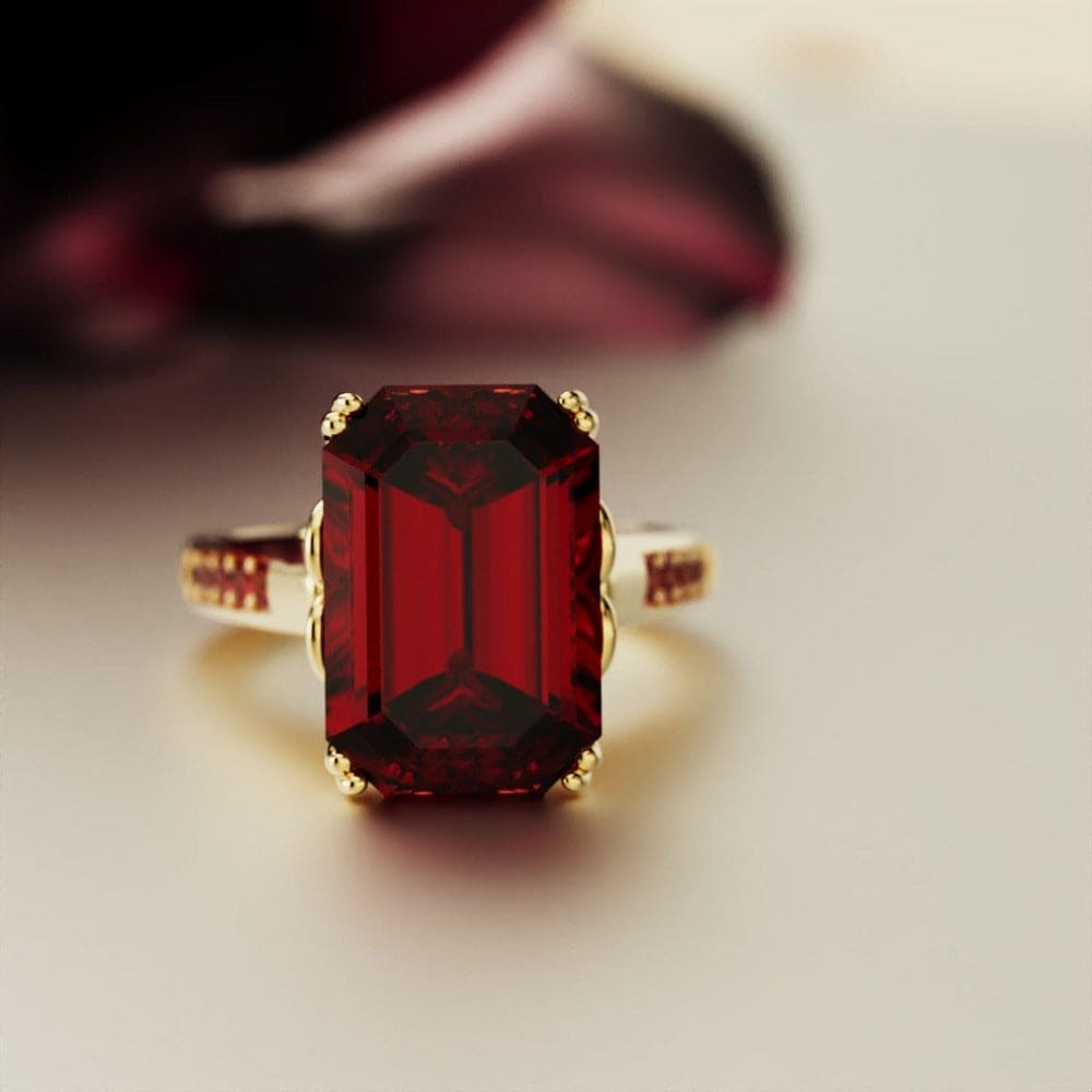 Red Dream: Emerald-Cut Ruby Sculpted Ring - 18K Gold Vermeil