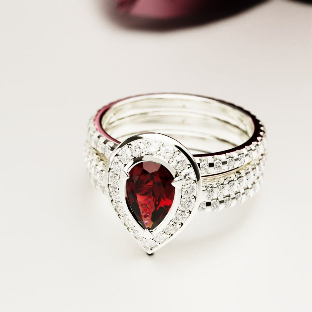 Crimson Teardrop: Pear Shaped Garnet Cut Halo Ring - S925