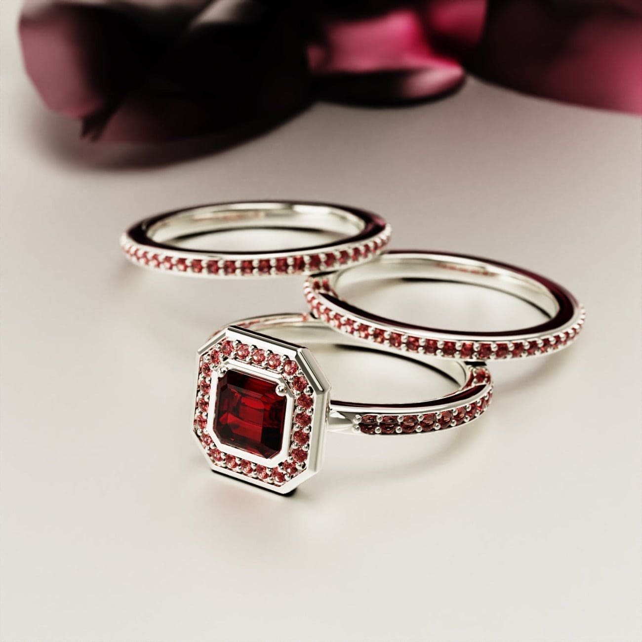 Devotion: Emerald-Cut Garnet Halo Ring Set - S925 Sterling Silver