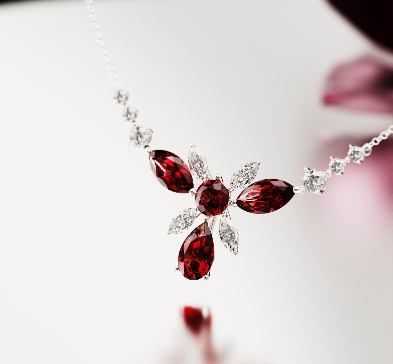 Crimson Bloom: Floral Round-Cut Garnet Necklace - S925