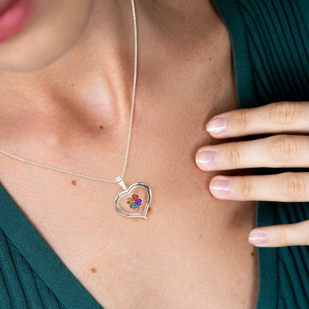 Custom Silver Heart Birthstone Necklace with 4 Engraved Gems