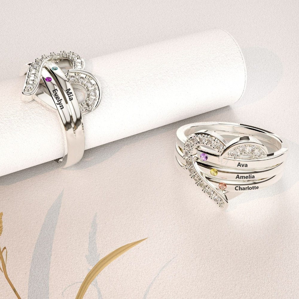 Custom Family 925S Heart Ring | 1-7 Names & Birthstones