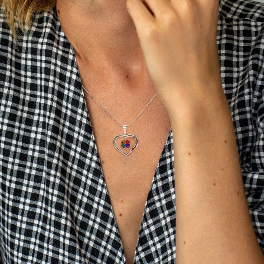 Custom Silver Heart Birthstone Necklace with 4 Engraved Gems