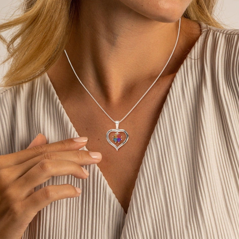 Custom Silver Heart Birthstone Necklace with 4 Engraved Gems