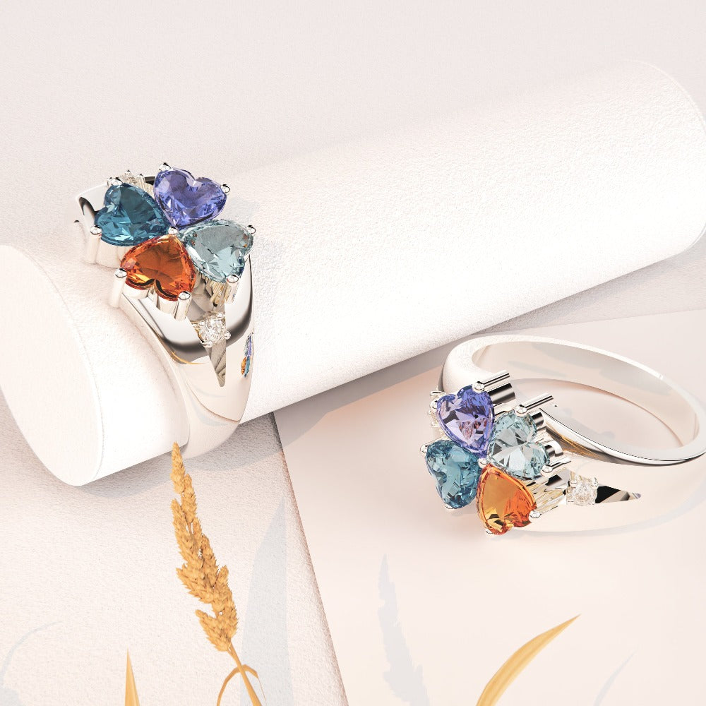 Personalized S925 Mother's Day Clover Ring with Birthstones