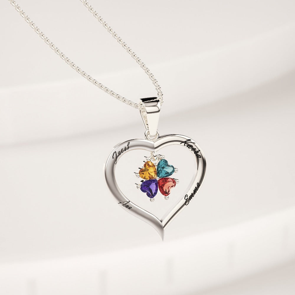 Custom Silver Heart Birthstone Necklace with 4 Engraved Gems
