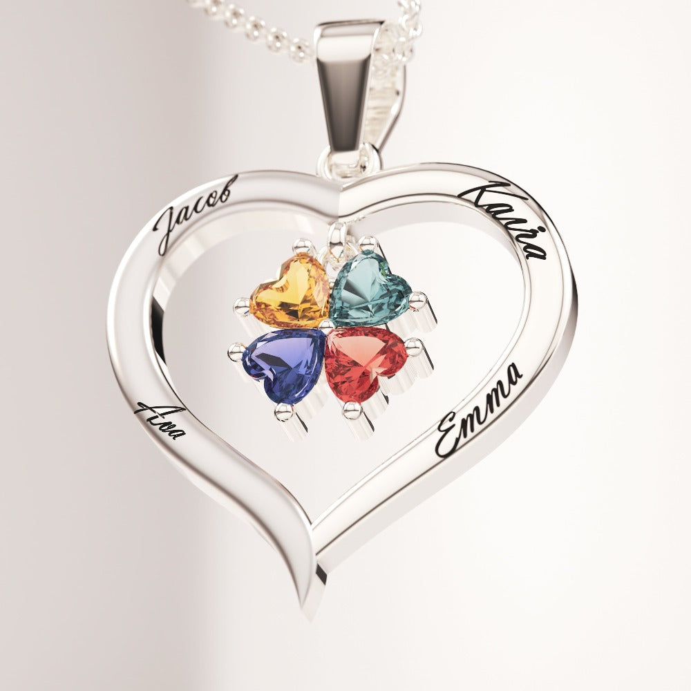 Custom Silver Heart Birthstone Necklace with 4 Engraved Gems