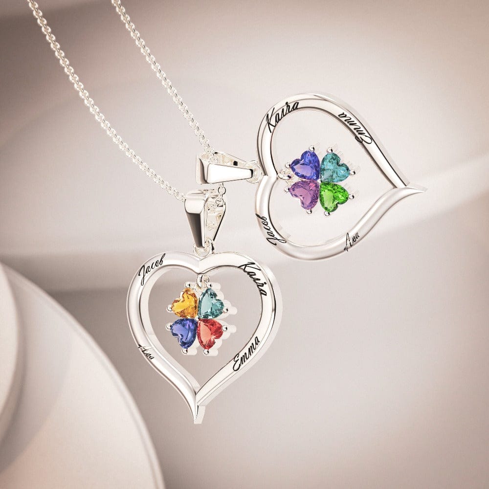 Custom Silver Heart Birthstone Necklace with 4 Engraved Gems