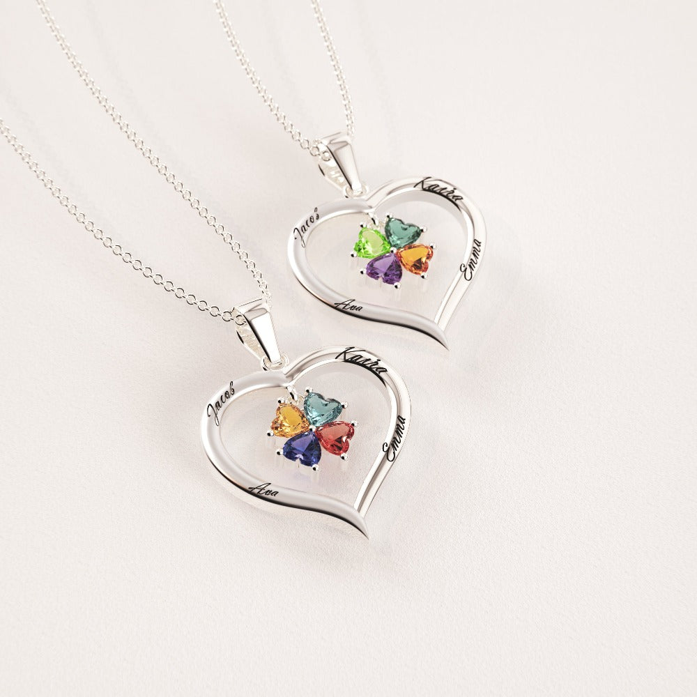 Custom Silver Heart Birthstone Necklace with 4 Engraved Gems