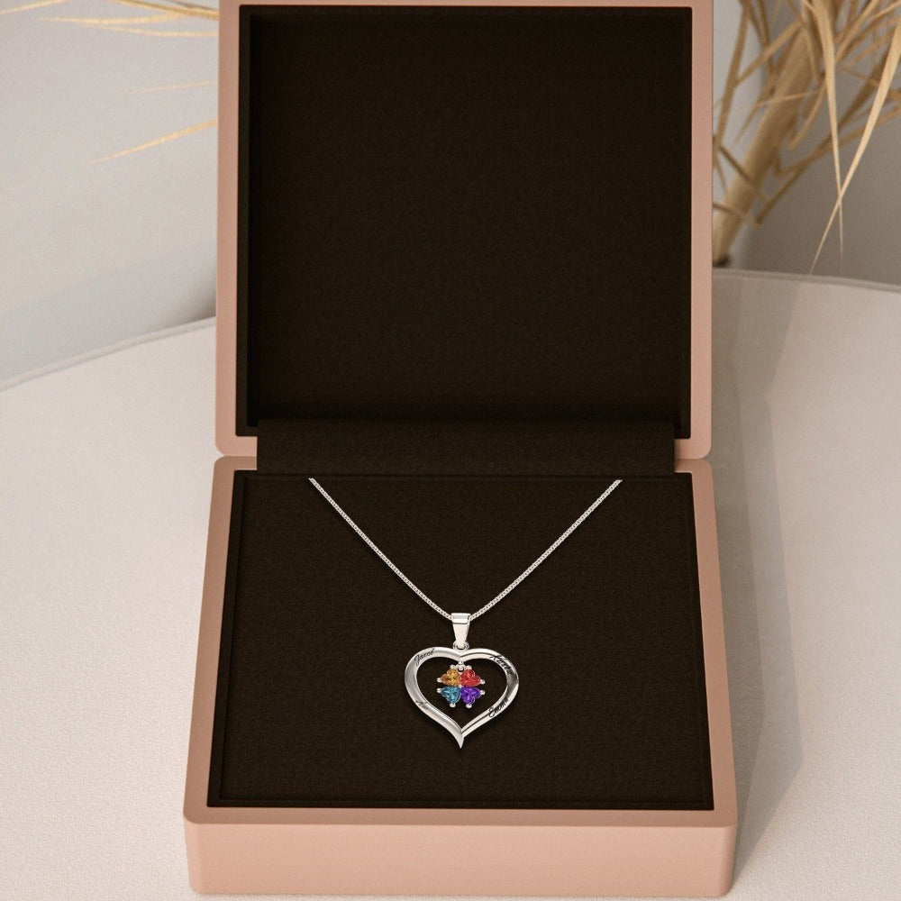 Custom Silver Heart Birthstone Necklace with 4 Engraved Gems