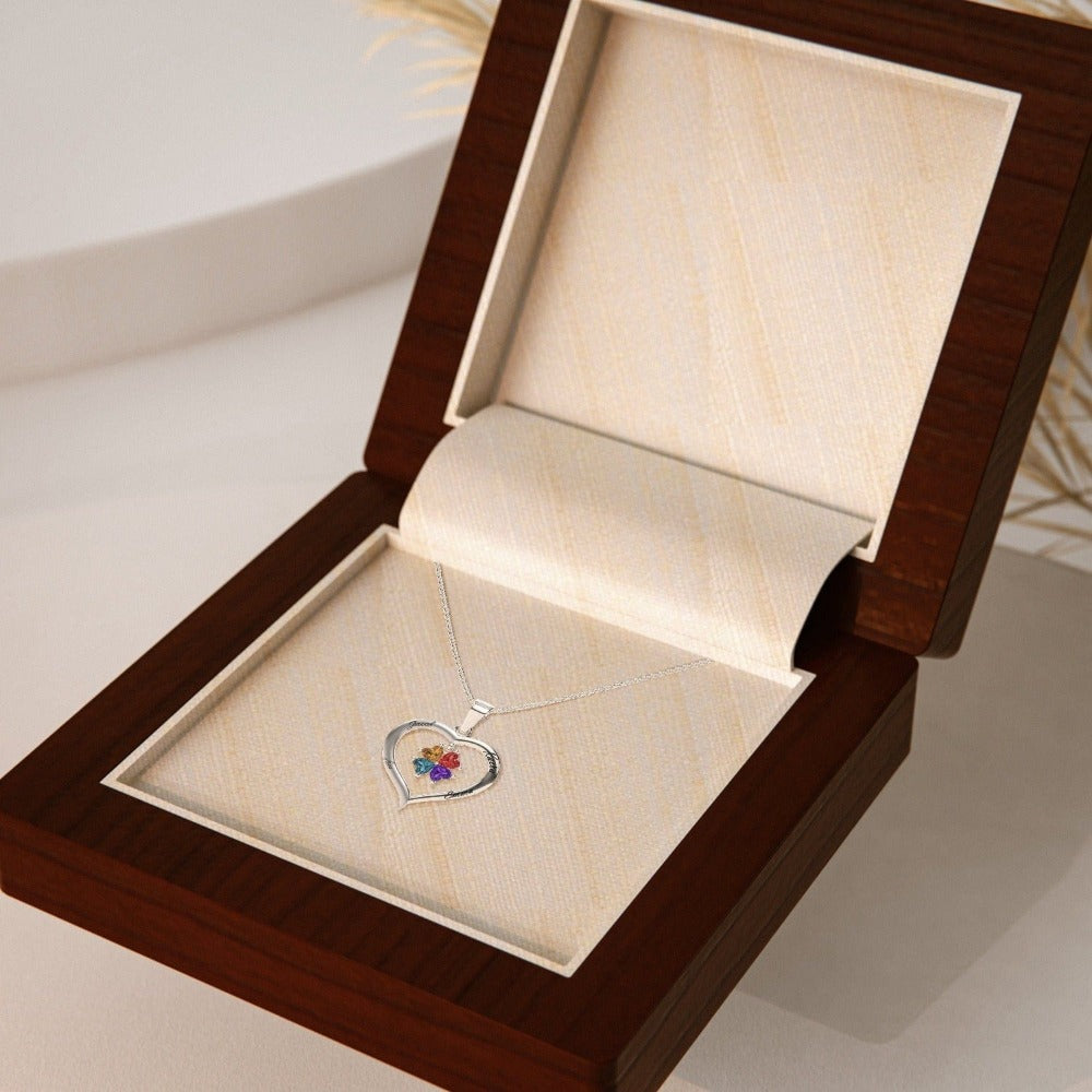 Custom Silver Heart Birthstone Necklace with 4 Engraved Gems