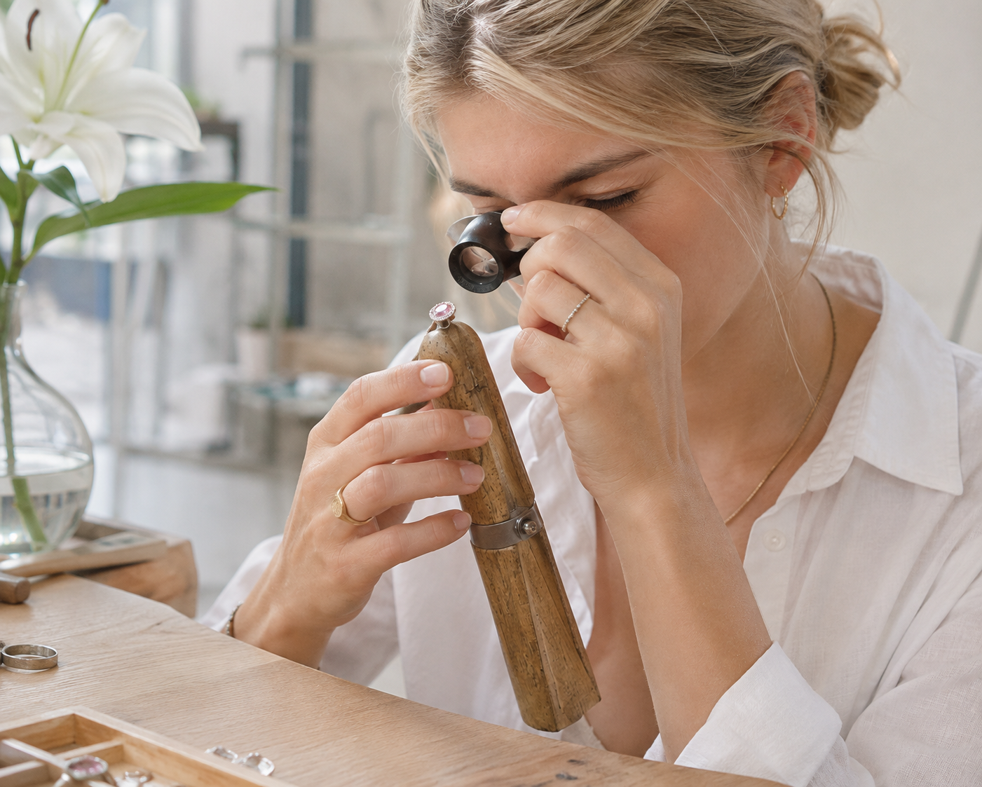 Jeweler inspecting a pink sapphire ring through a loupe