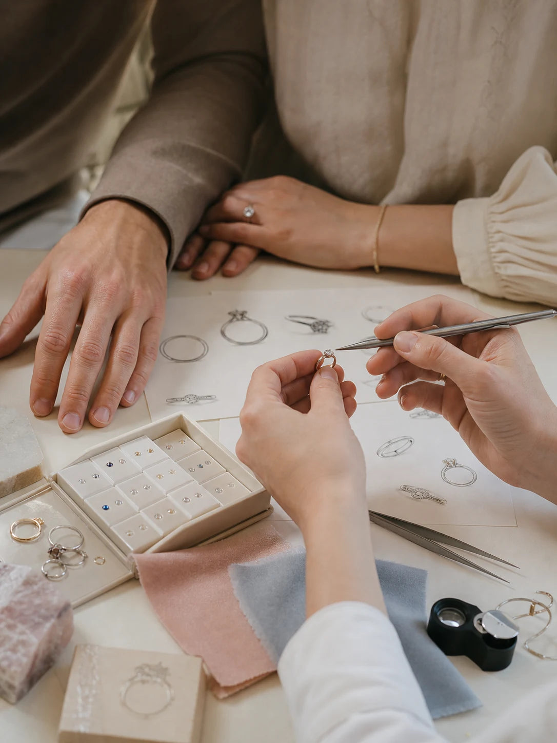 A couple and designer shaping the first engagement ring ideas together