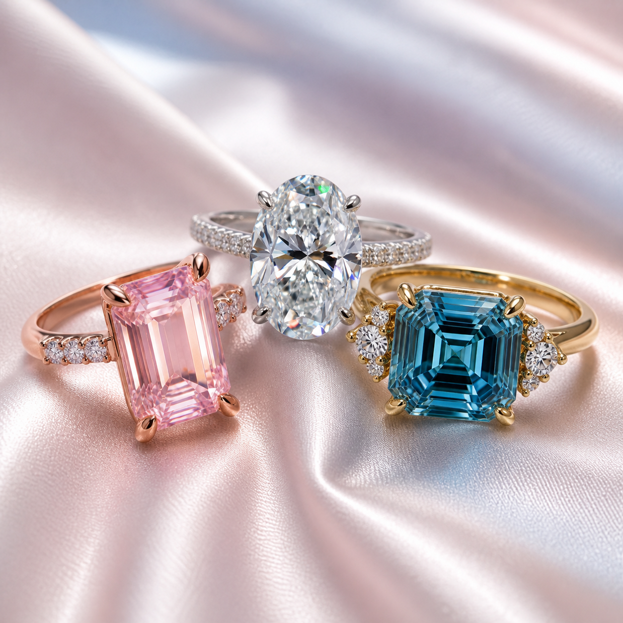 Pink emerald-cut, clear oval and blue Asscher-cut custom engagement rings arranged together on pastel satin
