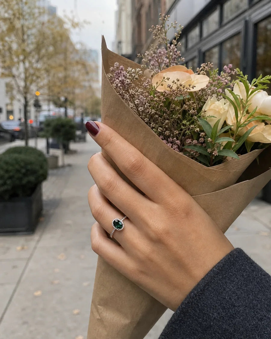 Green sapphire engagement ring worn while carrying a city bouquet