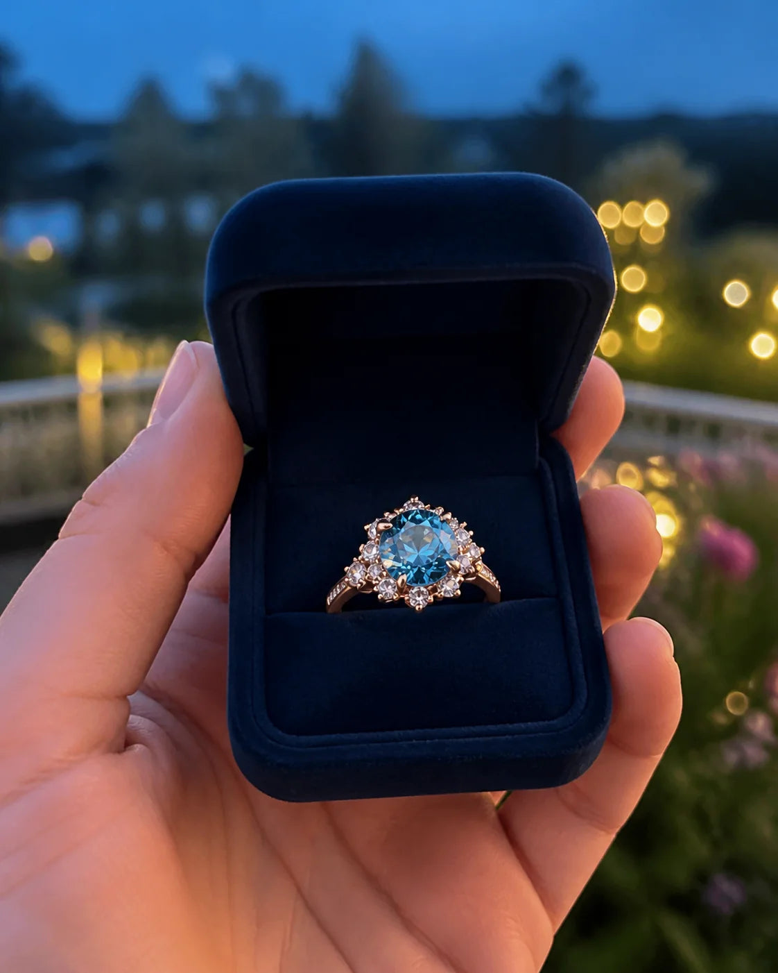 Blue halo fine-jewelry ring in a navy velvet box