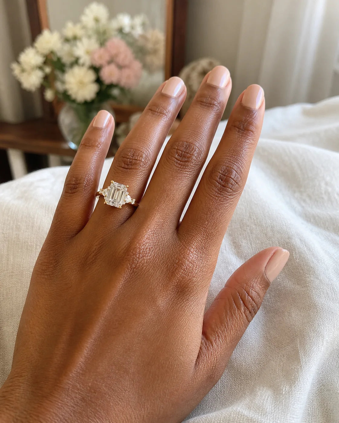 Three-stone emerald-cut engagement ring photographed in morning light
