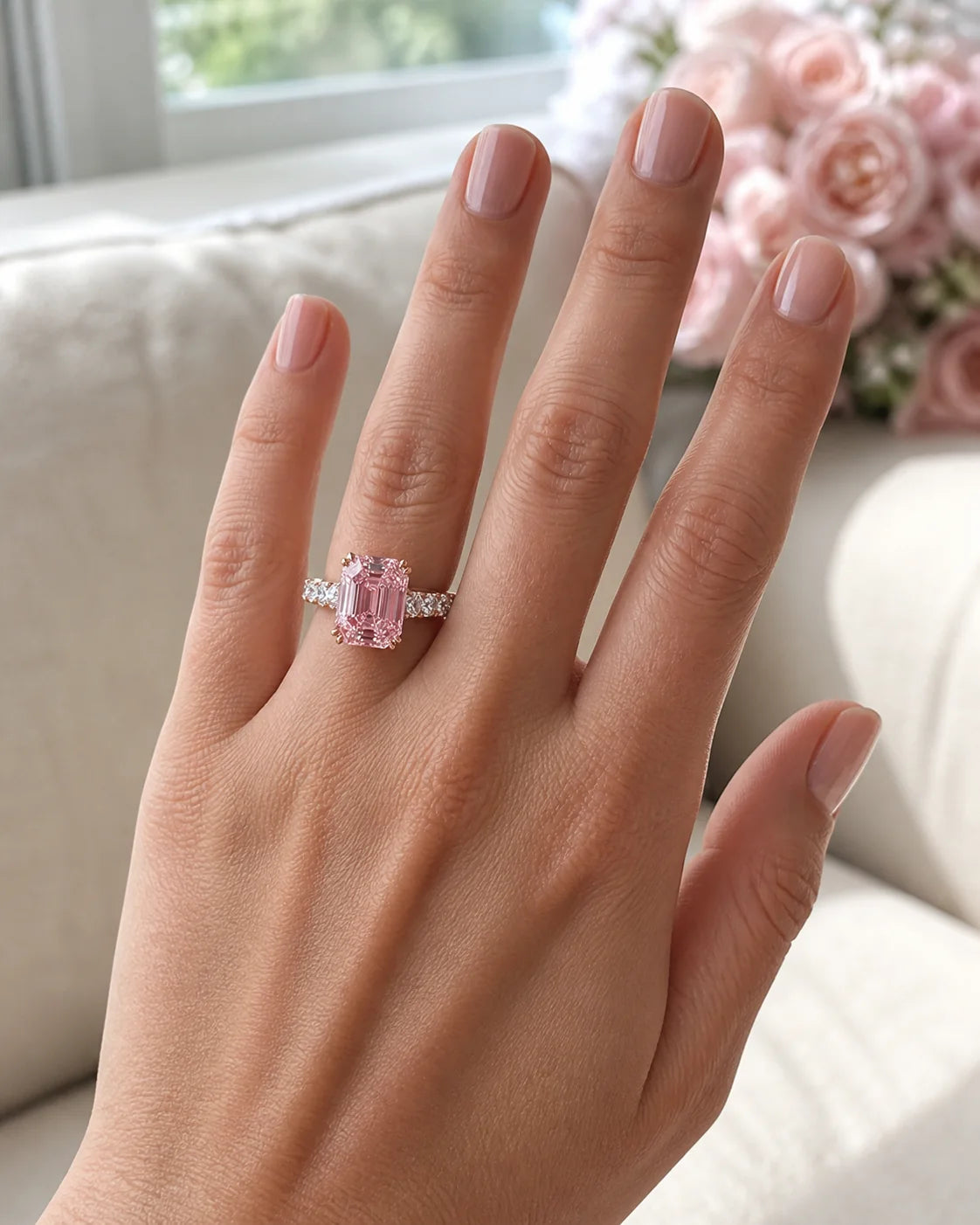 Pink emerald-cut fine-jewelry ring worn beside blush flowers
